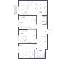 Планировка трехкомнатной(квартира) площадью 71.58 квадратных метров в “ЖК Горки Парк”