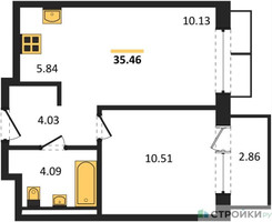 Планировка однокомнатной(квартира) площадью 35.46 квадратных метров в “ЖК Квартал Западный”