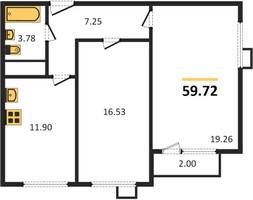 Планировка двухкомнатной(квартира) площадью 59.72 квадратных метров в “ЖК Катуар”