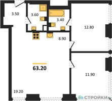 Планировка двухкомнатной(квартира) площадью 63.2 квадратных метров в “ЖК Мираполис”