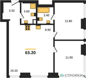 Планировка двухкомнатной(квартира) площадью 63.2 квадратных метров в ЖК “ЖК Мираполис”