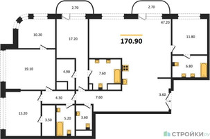 Планировка 4+ комнатной(квартира) площадью 170.9 квадратных метров в “ЖК Большая Татарская 35”