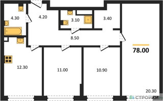 Планировка трехкомнатной(квартира) площадью 78 квадратных метров в “ЖК Shagal (Шагал)”