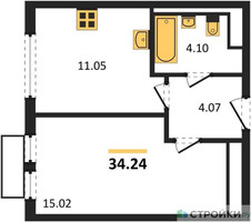 Планировка однокомнатной(квартира) площадью 34.24 квадратных метров в “ЖК Пригород Лесное”