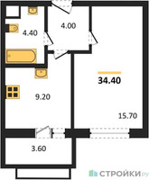 Планировка однокомнатной(квартира) площадью 34.4 квадратных метров в “ЖК Римский”