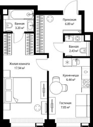 Планировка однокомнатной(квартира) площадью 43.95 квадратных метров в ЖК “ЖК Веер”