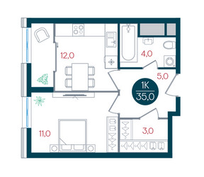 Планировка однокомнатной(квартира) площадью 35 квадратных метров в ЖК “ЖК РУСИЧ-Кантемировский”