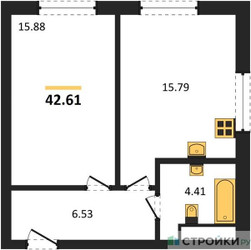 Планировка однокомнатной(квартира) площадью 42.61 квадратных метров в ЖК “ЖК Sezar City (Сезар Сити)”