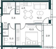 Планировка однокомнатной(квартира) площадью 46.6 квадратных метров в “ЖК SHIFT (Шифт)”