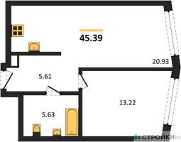 Планировка однокомнатной(квартира) площадью 45.39 квадратных метров в “UNO Горбунова”