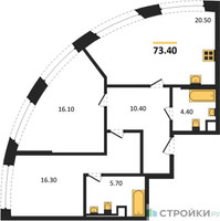 Планировка двухкомнатной(квартира) площадью 73.4 квадратных метров в “ЖК Нагатино Ай-Лэнд”