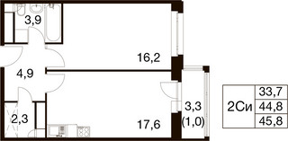 Планировка однокомнатной(квартира) площадью 44.3 квадратных метров в “ЖК Идеал”