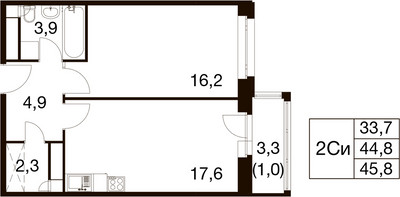 Планировка однокомнатной(квартира) площадью 44.3 квадратных метров в ЖК “ЖК Идеал”