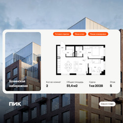 Планировка двухкомнатной(квартира) площадью 51.4 квадратных метров в ЖК “Бунинская набережная”