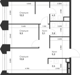 Планировка двухкомнатной(квартира) площадью 55.6 квадратных метров в ЖК “ЖК Войс”