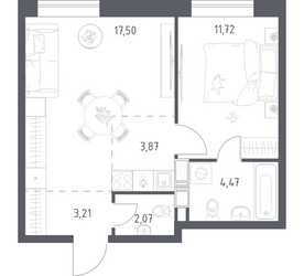 Планировка однокомнатной(квартира) площадью 42.84 квадратных метров в ЖК “ЖК Цветочные Поляны”