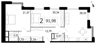 Планировка двухкомнатной(квартира) площадью 92.1 квадратных метров в ЖК “ЖК Городские Истории”