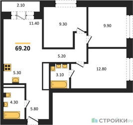 Планировка трехкомнатной(квартира) площадью 69.2 квадратных метров в “ЖК Квартал Метроном”