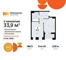 Планировка однокомнатной(квартира) площадью 33.9 квадратных метров в “ЖК Прокшино”