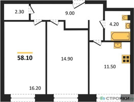 Планировка двухкомнатной(квартира) площадью 58.1 квадратных метров в “ЖК Skolkovo ONE (Сколково Уан)”