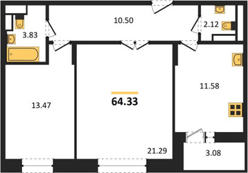 Планировка двухкомнатной(квартира) площадью 64.33 квадратных метров в ЖК “ЖК Преображенская Площадь”