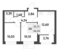 Планировка двухкомнатной(квартира) площадью 46.26 квадратных метров в “ЖК Smart Garden (Смарт Гарден)”