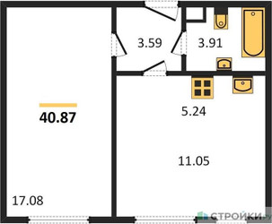 Планировка однокомнатной(квартира) площадью 40.87 квадратных метров в ЖК “Жилые кварталы Новое Пушкино”