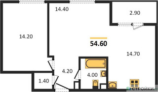 Планировка однокомнатной(квартира) площадью 54.6 квадратных метров в “ЖК Режиссер”