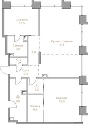Планировка двухкомнатной(квартира) площадью 114 квадратных метров в ЖК “ЖК Коллекция Лужники”