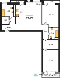 Планировка двухкомнатной(квартира) площадью 74.6 квадратных метров в ЖК “ЖК Новая Щербинка”