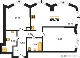Планировка двухкомнатной(квартира) площадью 69.7 квадратных метров в “Акценты”