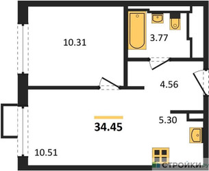 Планировка однокомнатной(квартира) площадью 34.45 квадратных метров в ЖК “ЖК Остафьево”