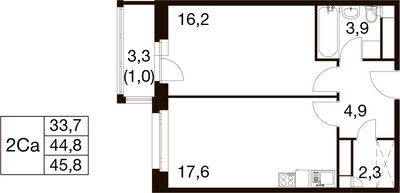 Планировка однокомнатной(квартира) площадью 44.4 квадратных метров в ЖК “ЖК Идеал”