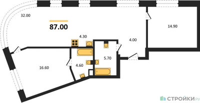 Планировка двухкомнатной(квартира) площадью 87 квадратных метров в ЖК “ЖК Родина Переделкино”