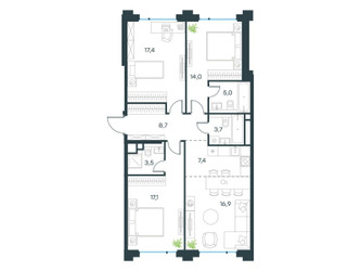 Планировка 4+ комнатной(квартира) площадью 92.4 квадратных метров в ЖК “ЖК Level Бауманская”