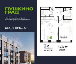 Планировка двухкомнатной(квартира) площадью 46.49 квадратных метров в ЖК “ЖК Пушкино Град”
