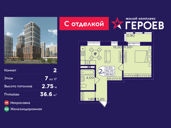 Планировка двухкомнатной(квартира) площадью 36.6 квадратных метров в ЖК “ЖК Героев”