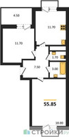 Планировка двухкомнатной(квартира) площадью 55.85 квадратных метров в “ЖК ВОСТОК II”