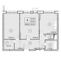 Планировка двухкомнатной(квартира) площадью 62.5 квадратных метров в “ЖК Экоград Новый Катуар”