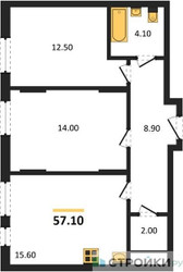 Планировка двухкомнатной(квартира) площадью 57.1 квадратных метров в ЖК “ЖК Переделкино Ближнее”