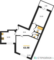 Планировка двухкомнатной(квартира) площадью 63.98 квадратных метров в “ЖК Домодедово Парк”