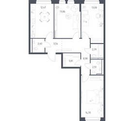 Планировка трехкомнатной(квартира) площадью 78.26 квадратных метров в ЖК “ЖК Новое Видное”
