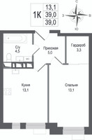 Планировка однокомнатной(квартира) площадью 39 квадратных метров в “ЖК КИНОКВАРТАЛ”
