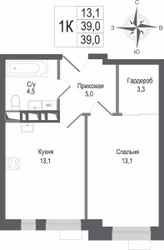 Планировка однокомнатной(квартира) площадью 39 квадратных метров в ЖК “ЖК КИНОКВАРТАЛ”