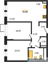 Планировка двухкомнатной(квартира) площадью 51.96 квадратных метров в ЖК “ЖК Квартал Ивакино”