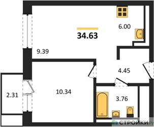 Планировка однокомнатной(квартира) площадью 34.63 квадратных метров в ЖК “ЖК Квартал Марьино”