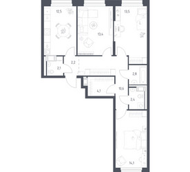 Планировка трехкомнатной(квартира) площадью 76.5 квадратных метров в ЖК “ЖК Мытищи Парк”