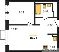 Планировка однокомнатной(квартира) площадью 34.71 квадратных метров в “ЖК Квартал Ивакино”