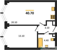 Планировка однокомнатной(квартира) площадью 40.7 квадратных метров в “ЖК ЗИЛАРТ”