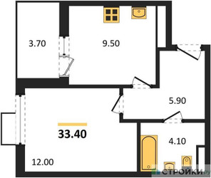 Планировка однокомнатной(квартира) площадью 33.4 квадратных метров в ЖК “ЖК Бунинские кварталы”